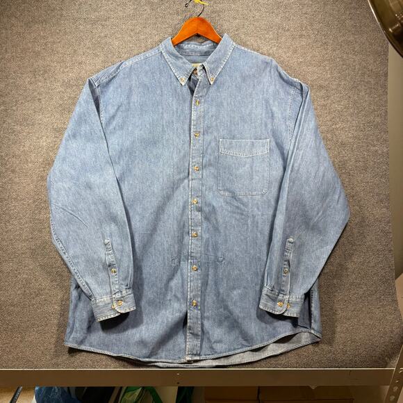 VTG Eddie Bauer Denim Button Up Shirt Men's XXL Blue Chest Pocket Workwear - Picture 1 of 9